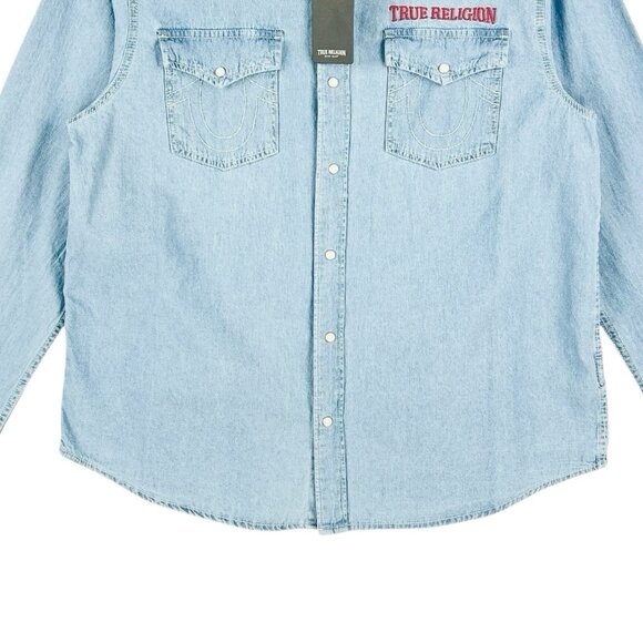 TRUE RELIGION Men's Chambray Long Sleeve Blue Western Pearl Snap Shirt Sz XL NWT - Picture 5 of 14